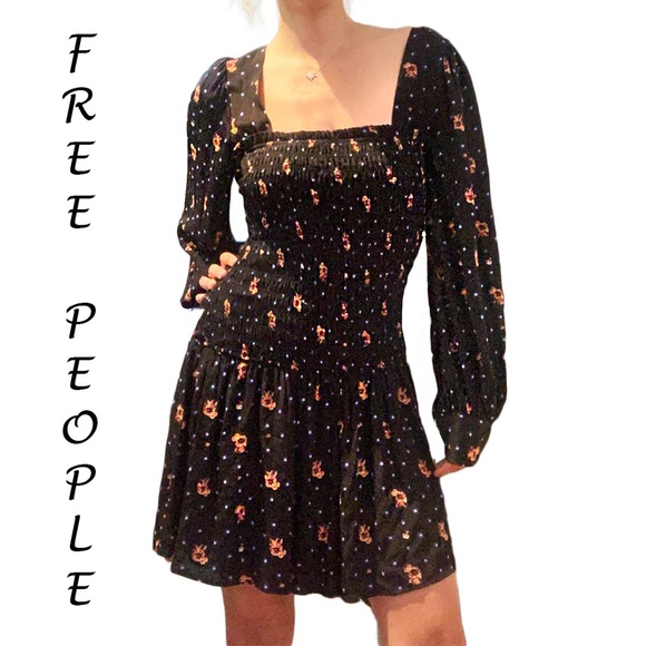 NWT Free People Black combo floral print two Faces Mini Dress - Picture 5 of 9